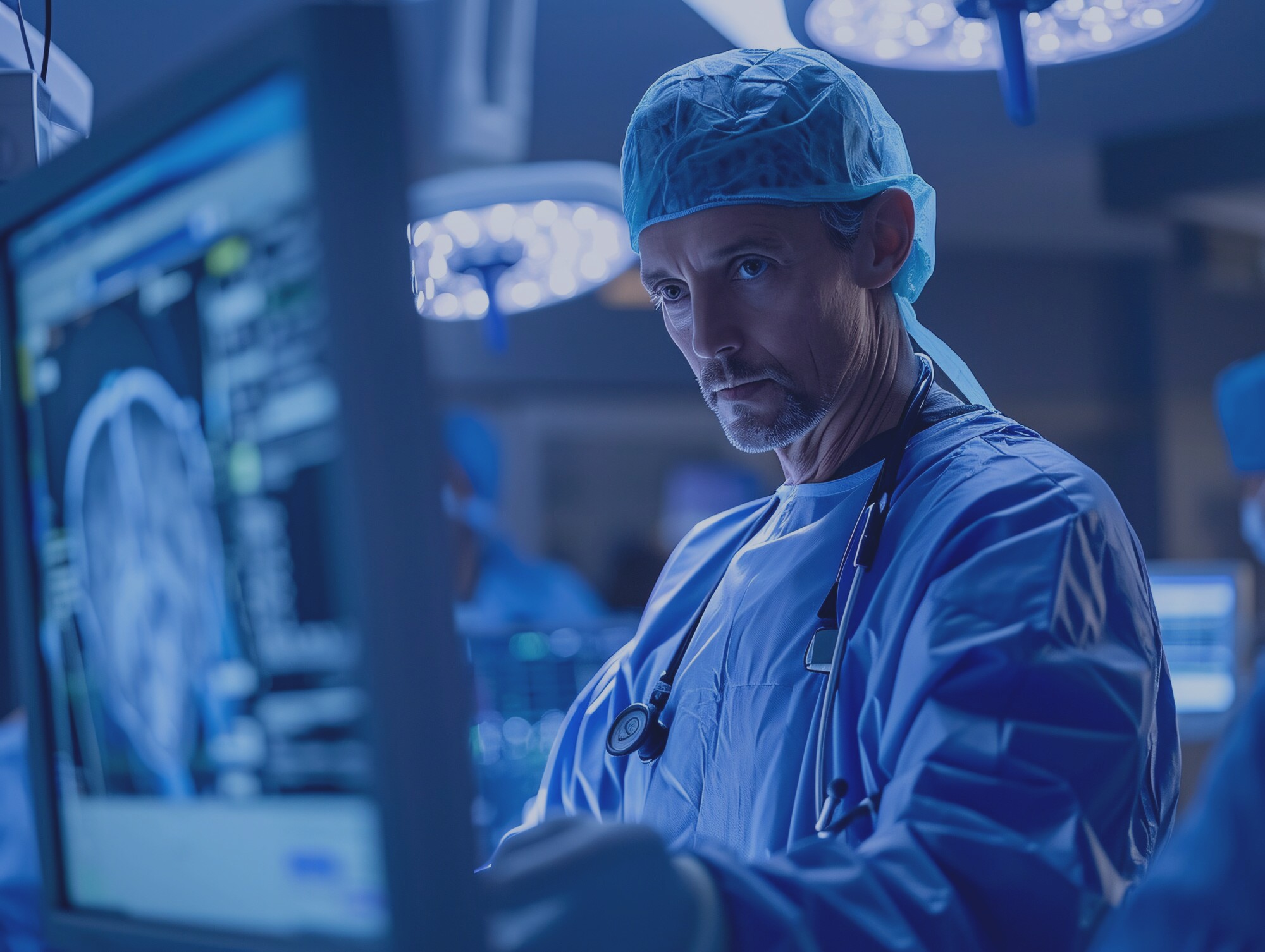 Healthcare technology executive in a clinical environment